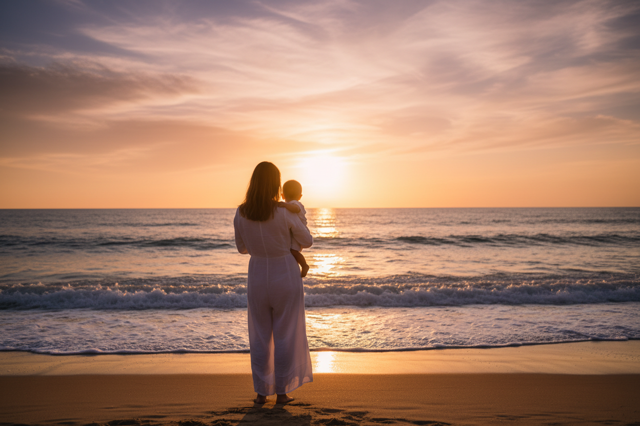 je veux une photo dune maman avec son bebe en blanc de dos sur la plage face a la mer avec un coucher de soleil