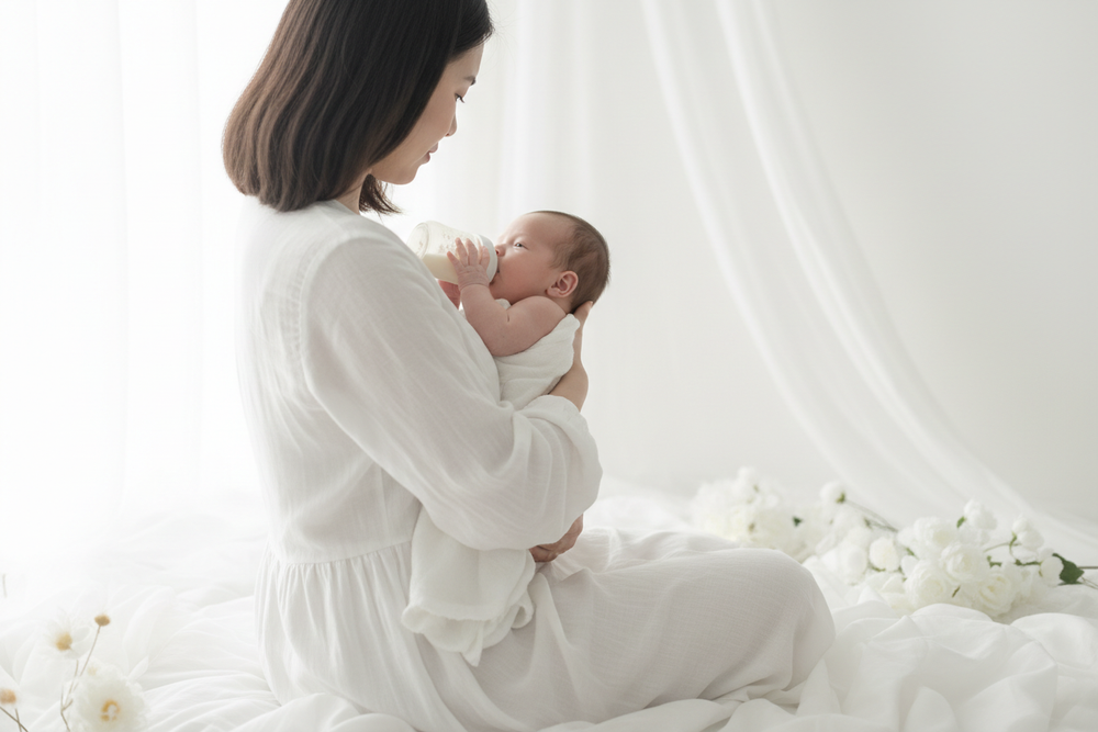 phhoto dune maman qui donne le biberon a son bebe de dos tout en blanc 