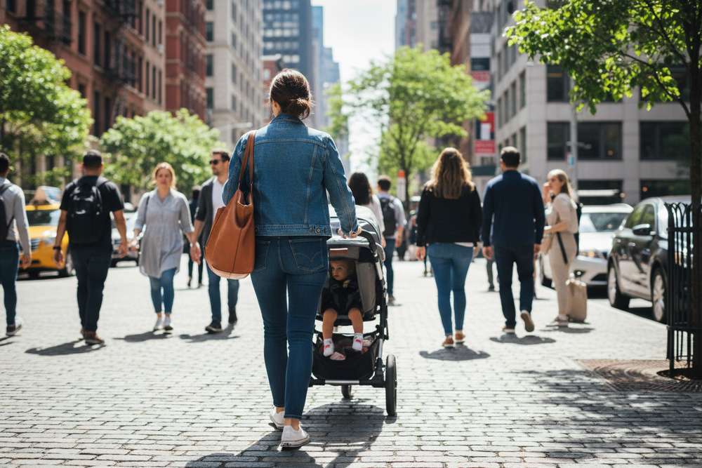 photo dune maman en ville de dos qui pousse son enfant avec une poussette
